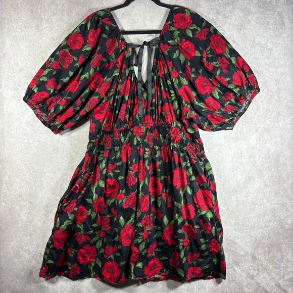 Old Navy Dress Women XXL Black Red Rose Puff Sleeve Smocked Waist Tie Back Boho - Picture 5 of 9